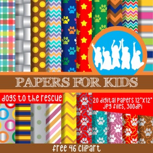 Dogs to the Rescue, Digital Papers, Children&#39;s Background, Clipart, Dogs Party Theme, Papers for Kids