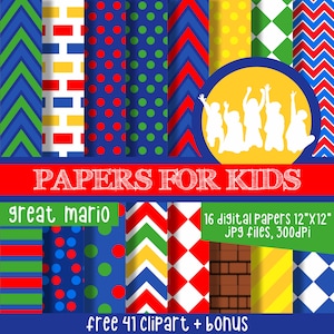 Great Mario, Digital Paper, Videogame Birthday, Backgrounds for Invitations, Birthday, Videogame Party Theme, Papers for Kids