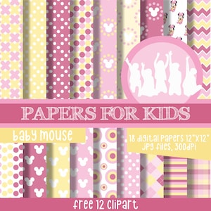 Baby Mouse, Mouse Ears, Digital Papers, Baby Minnie, Kids, Minnie Birthday, Background, Birthday, Baby Shower, Clipart, Papers for Kids