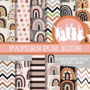May include: Twelve digital papers featuring rainbow patterns in various colors and styles. The papers are 12 inches by 12 inches and 300 dpi. The text "PAPERS FOR KIDS" and "rainbow" are also included in the image.