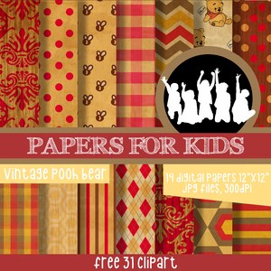 Vintage Pooh Bear, Digital Papers, Kids, Invitation, Vintage Background, Birthday, Clipart, Papers for kids