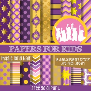 Magic Long Hair, Digital Papers, Tangled, Rapunzel, Princess, Girls, Rapunzel Background, Clipart, Tangled Party Theme, Papers for Kids