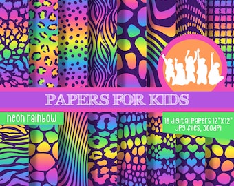 Neon Rainbow, Digital Paper, Birthday, Neon Background, Neon Party, Neon Birthday, Papers for Kids