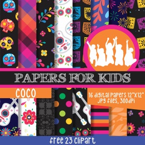 Coco, Digitalpapier, Geburtstag, mexikanische Feier, Tag der Toten Hintergrund, Coco Geburtstag, ClipArt, Papiere für Kinder