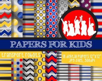 Può includere: Un set di 18 carte digitali per bambini con vari motivi in rosso, blu, giallo e grigio. I motivi includono pois, strisce, zigzag e trame metalliche. Le carte misurano 30,5 cm per 30,5 cm e hanno una risoluzione di 300 dpi. Il testo "PAPERS FOR KIDS" e "transport robots" è incluso nell'immagine.  Sono inclusi anche 55 clipart gratuiti.