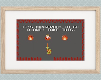 May include: A pixelated image of a video game scene with the text "It's dangerous to go alone! Take this." A character with a sword and a wizard are in the scene.