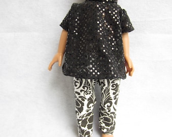 18 inch doll clothes, black sequin lace doll top, black and white pants, 18 in doll outfit,  black blouse, sparkly doll blouse, doll pants