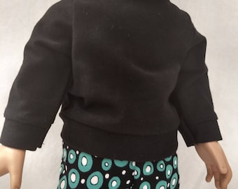 Black long sleeved knit shirt for 18 in dolls. Black with teal print knit doll leggings