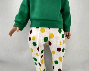 Green long sleeved knit shirt for 18 in dolls. Doll pants with polka dots.