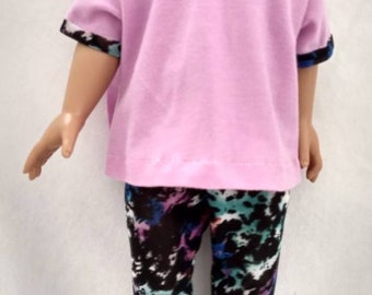 Pink shirt with matching leggings set for 18 inch doll. Pink doll blouse. Print doll leggings.