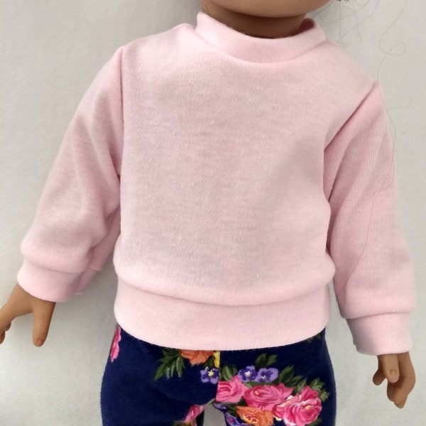 Handmade 18 inch doll clothes, Pink long sleeved knit shirt for 18 in dolls. Floral print knit leggings. Doll pants.