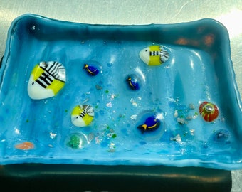 Handmade Glass Soap Dish Blue Aquarium Clown Fish Tang Murine Dichroic Frits