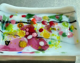 Handmade Glass Soap Dish Flower Leaves Bees Murine Frits