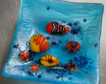 Handmade Glass Blue Ring Tray Aquarium Star Fish Murine Frits