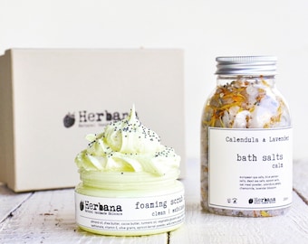 Vegan Spa Gift Set, Luxurious Bath Gift Box, Self Care Package, Whipped Body Scrub and Bath Salts, Gift for her,  Personalized gifts