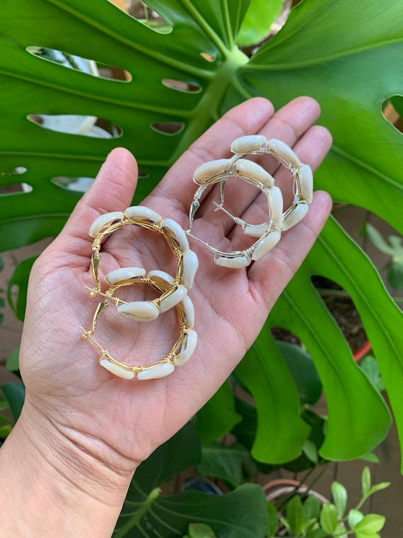 African Inspired Cowrie Shell Hoop Earrings Afroboho Shell Hoops - Main Image
