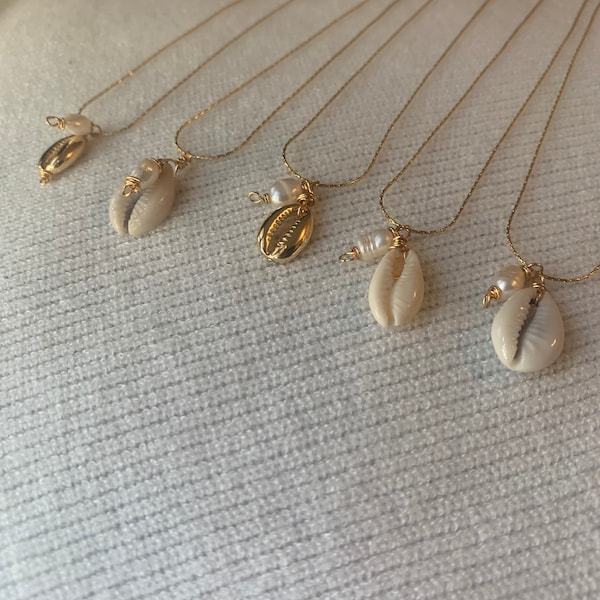 Collar de conchas de cauri chapado en oro, perla de agua dulce, delicado collar para combinar con otras piezas