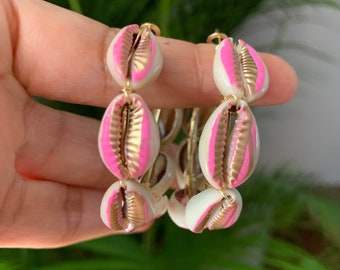 Hand Painted cowrie shell hoops, tropical earrings, colorful hoop earrings