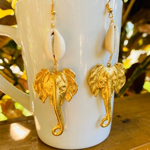 Statement earrings, elephant earrings, elephant jewelry, cowrie shell earrings, cowrie shell jewelry