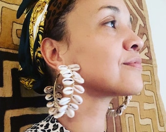 Big Cowrie Shell Hoop Earrings, Gold Colored Wire, Statement Earrings