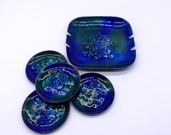 1960s Bovano Enameled Metal Ashtray/Catchall w/ Four Coasters