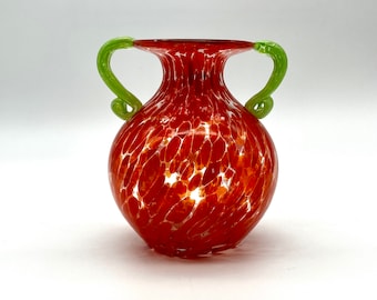 1980s Red & Green Glass Amphora Art Glass Vase