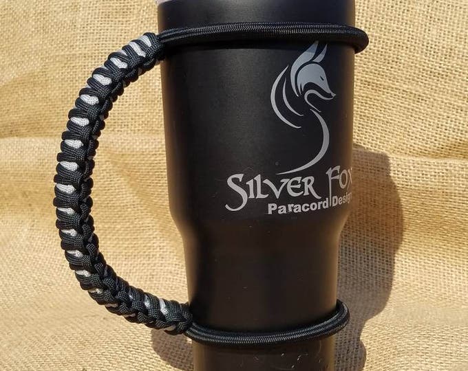 Handcrafted Paracord Tumbler Handle, Black and Silver Grey, Oakland Raiders, Chicago White Sox, Yeti, Ozark Trail, Rtic, Mossy Oak