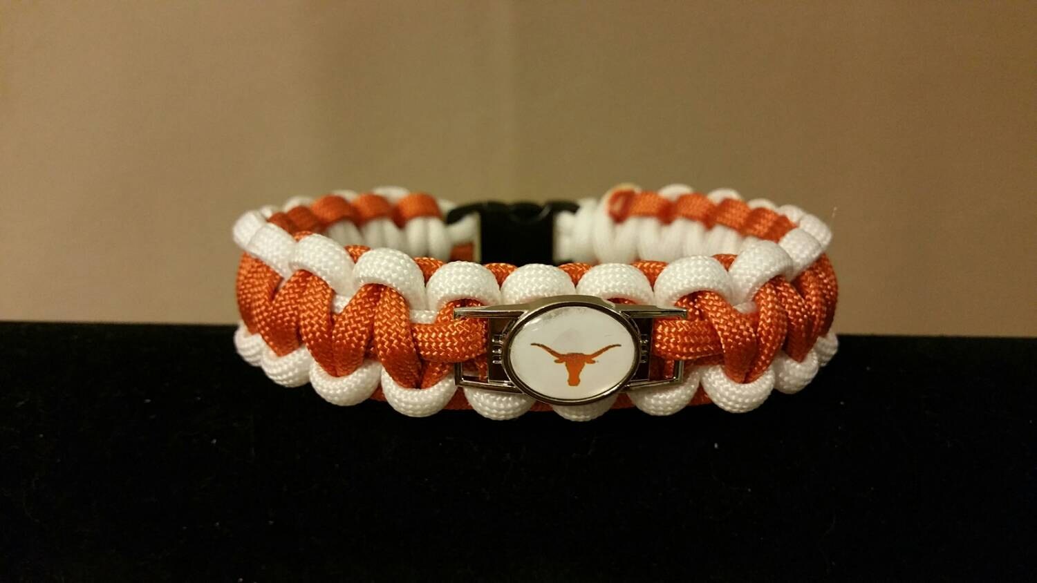 University of Texas Paracord Bracelet w/ Charm, Burnt Orange and White