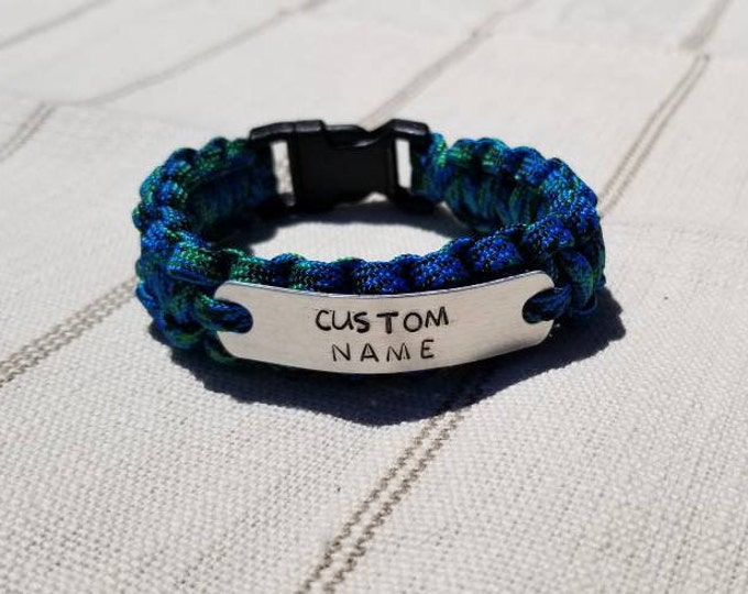 Personalized Metal Stamp Paracord Bracelet, Hand-stamped Metal Plate, Custom Personalization. Name or Message