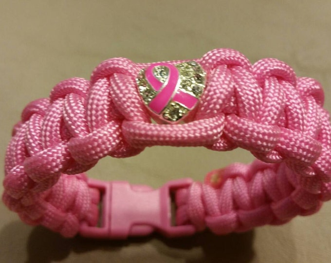 Pink Paracord Breast Cancer Awareness Bracelet, Breast Cancer, Heart With Pink Ribbon Charm