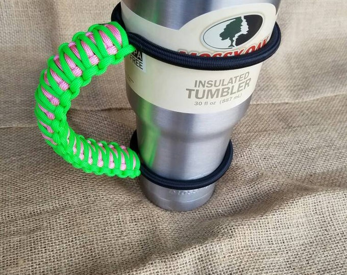 Handcrafted Paracord Tumbler Handle, Green and Pink, Pink and Green, Alpha Kappa Alpha, Mug, Yeti, Ozark Trail, Rtic, Mossy Oak