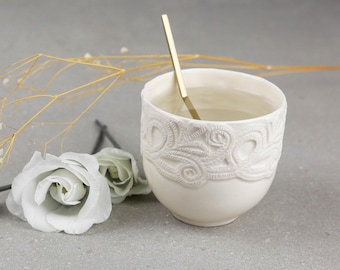 Ceramic Handmade Mug. Porcelain Minimalist Coffee Cup. Coffee Lace White Birthday Mug. Ceramic Geometric Mug Design by CONCEPTstudio.