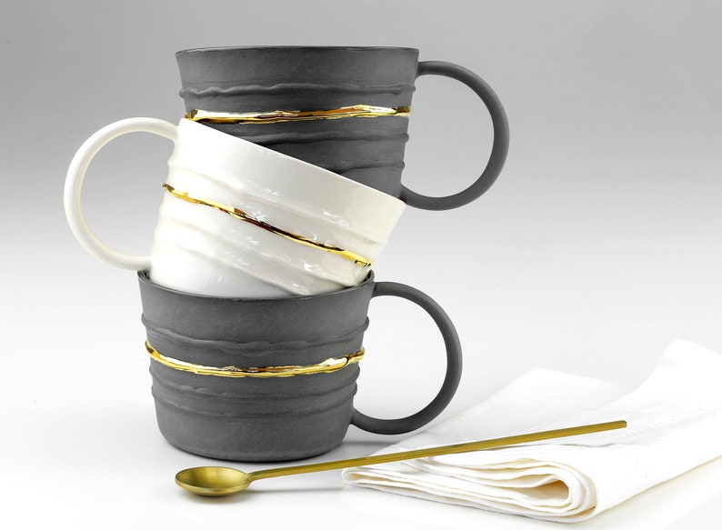 Black Gold Porcelain Mug. Handmade Ceramic Tea Mug. Porcelain Gray Mug. Coffee Lovers. Contemporary Gold Line Mug Design by CONCEPTstudio. image 4