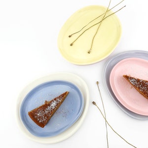 May include: Overhead shot of three oval-shaped ceramic plates in pastel colors: yellow, pink, and blue. Each plate holds a slice of cake, sprinkled with coconut flakes. Dried stems with seed pods are arranged around the plates, creating a minimalist aesthetic.
