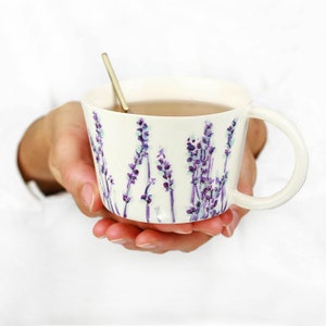 Handmade Ceramic Mug. Porcelain Lavender Romantic Tea Mug. Handpainted mug. Romantic Coffee Lovers.Wedding White Mug Design by CONCEPTstudio