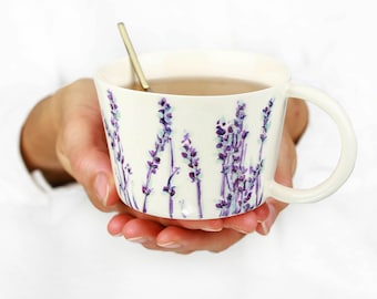 Handmade Ceramic Mug. Porcelain Lavender Romantic Tea Mug. Handpainted mug. Romantic Coffee Lovers.Wedding White Mug Design by CONCEPTstudio
