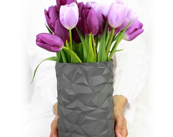 Geometric vase, Gray ceramic vase, Origami inspired, Gray flower vase, Modern home decor vase, Holiday gift, Housewarming Simple Gift.