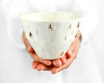 Handmade Ceramic Serving Bowl. Porcelain Small Fruit Bowl. Tea Coffee Bowl. Wedding White & Gold Bowl Design by CONCEPTstudio.