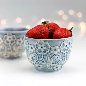 Handmade Ceramic Bowl. Porcelain Lace Small Serving Bowl. Ice Cream Blue Bowl. Matcha Tea  Bowl. Wedding Ceramic Bowl Design CONCEPTstudio.