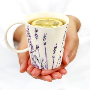 Handmade Ceramic Mug. Porcelain Lavender Romantic Tea Mug. Handpainted mug. Romantic Coffee Lovers.Wedding White Mug Design by CONCEPTstudio