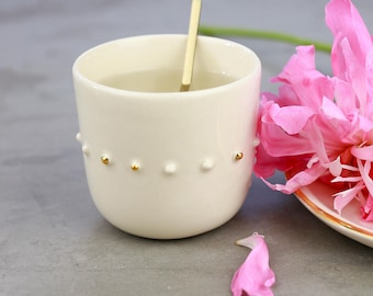 White Gold Porcelain Mug. Handmade Ceramic Tea Mug. Porcelain White Mug. Coffee Lovers. Contemporary Gold Dots Mug Design by CONCEPTstudio.
