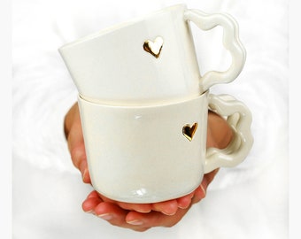 Handmade Ceramic Coffee Mug. Porcelain Tea Mug. Heart Gold Romantic Cup. Coffee Lovers. Wedding White & Gold Mug Collection by CONCEPTstudio