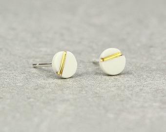 Minimalist Earrings. Geometric Porcelain Earrings. Ceramic Jewelry.Gold&White.Silver Studs. Bridal Handmade Earrings Design by CONCEPTstudio