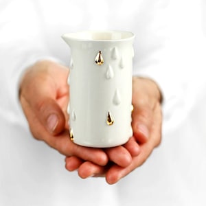 Handmade Ceramic Milk Creamer. Clay Dainty Pot. Porcelain White & Gold Milk Pot. Contemporary Wedding Milk Creamer Design by CONCEPTstudio.