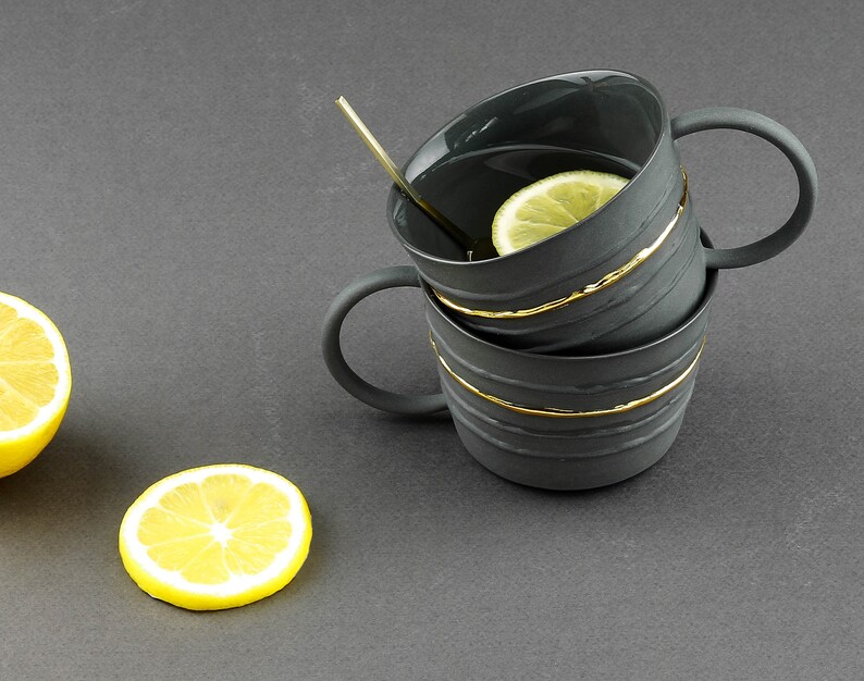 Black Gold Porcelain Mug. Handmade Ceramic Tea Mug. Porcelain Gray Mug. Coffee Lovers. Contemporary Gold Line Mug Design by CONCEPTstudio. image 3