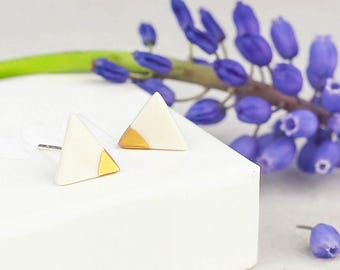 Geometric Gold Porcelain Earrings. Minimalist Earrings. Ceramic Jewelry. Wedding Delicate Gold & White Stud Earrings Design by CONCEPTstudio