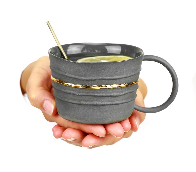 Black Gold Porcelain Mug. Handmade Ceramic Tea Mug. Porcelain Gray Mug. Coffee Lovers. Contemporary Gold Line Mug Design by CONCEPTstudio. image 9