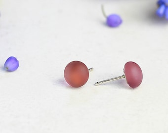 Minimalist Purple Tiny Porcelain Earrings. Small Stud Delicate Glass Earrings. Bridal Dainty Silver Circle Earrings Design by CONCEPTstudio