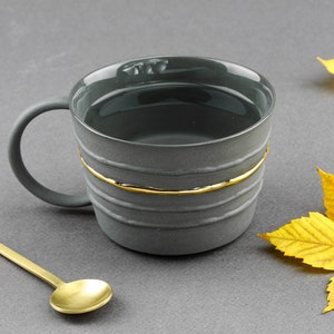 Black Gold Porcelain Mug. Handmade Ceramic Tea Mug. Porcelain Gray Mug. Coffee Lovers. Contemporary Gold Line Mug Design by CONCEPTstudio. image 2