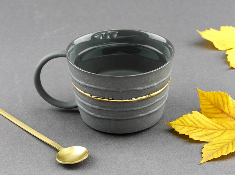 Black Gold Porcelain Mug. Handmade Ceramic Tea Mug. Porcelain Gray Mug. Coffee Lovers. Contemporary Gold Line Mug Design by CONCEPTstudio. image 2